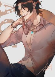 Rule 34 | 1boy, black hair, black pants, bracelet, character name, collared shirt, commentary, dated, earrings, emase (foxmoon), freckles, hat, highres, jewelry, looking at viewer, male focus, one eye closed, one piece, orange hat, pants, portgas d. ace, shirt, short hair, signature, smile, solo, symbol-only commentary