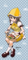 Rule 34 | 10s, 1girl, apron, brown eyes, brown hair, coco&#039;s, crossed legs, employee uniform, food, fork, girls und panzer, hat, highres, hotplate, kozu kue, long hair, mary janes, mika (girls und panzer), name tag, open mouth, polka dot, polka dot background, puffy sleeves, shoes, sitting, socks, solo, steak, table knife, uniform, waitress, white apron, white socks, wrist cuffs, yellow hat