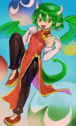 Rule 34 | 1girl, :d, black pants, breasts, china dress, chinese clothes, draco centauros, dragon girl, dragon horns, dragon tail, dragon wings, dress, elbow gloves, full body, gloves, green hair, hakonnbo, horns, looking at viewer, madou monogatari, middle finger, open mouth, pants, pointy ears, puyo (puyopuyo), puyopuyo, red dress, red footwear, shoes, short hair, sleeveless, sleeveless dress, small breasts, smile, tail, white gloves, wings, yellow eyes