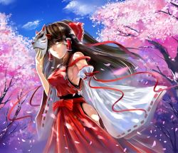 Rule 34 | 1girl, bare shoulders, bow, breasts, brown hair, cherry blossoms, cosplay, detached sleeves, female focus, food, fruit, hair bow, hair tubes, long hair, m.u.g.e.n, mask, original, ribbon, sendai hakurei no miko, shirt, side slit, sideboob, solo, taut clothes, taut shirt, touhou, windtalker, yellow eyes