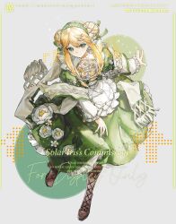 Rule 34 | 1girl, artist name, blonde hair, boots, brown footwear, closed mouth, dress, flower, green dress, green eyes, hair between eyes, hair flower, hair ornament, hairband, happybiirthd, highres, knot, light blush, light smile, long dress, long sleeves, looking at viewer, original, ponytail, sidelocks, signature, sitting, smile, solo, sparkle, watermark, white flower