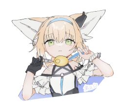 Rule 34 | 1girl, animal ears, arknights, bare shoulders, black gloves, blonde hair, closed mouth, crime prevention buzzer, cropped torso, expressionless, flat chest, gloves, green eyes, hair rings, hairband, highres, infection monitor (arknights), inu to milk, looking at viewer, parody, short hair, shukusei!! loli-gami requiem, single glove, single wrist cuff, smile, solo, suzuran (arknights), twitter username, upper body, wrist cuffs