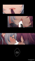 Rule 34 | 2girls, absurdres, black gloves, blush, closed eyes, english text, finger to another&#039;s mouth, french kiss, gloves, grey hair, hand on another&#039;s chin, highres, hinagi (fox priest), honkai: star rail, honkai (series), kafka (honkai: star rail), kiss, kiss day, looking at another, multiple girls, parted lips, purple gloves, purple hair, stelle (honkai: star rail), sweat, tongue, tongue out, trailblazer (honkai: star rail), yellow eyes, yuri