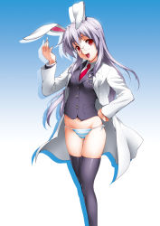 Rule 34 | 1girl, animal ears, bespectacled, black thighhighs, blazer, buttons, crescent, emblem, female focus, glasses, hand on own hip, henshako, highres, hip focus, holding, jacket, lab coat, long hair, long sleeves, necktie, no pants, open mouth, panties, purple hair, rabbit ears, red eyes, red necktie, reisen udongein inaba, side-tie panties, simple background, smile, solo, striped clothes, striped panties, suppository, thighhighs, touhou, underwear