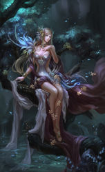 Rule 34 | 1girl, bad id, bad pixiv id, bare shoulders, blonde hair, blue eyes, branch, flower, forest, hair ornament, haoyuan, highres, jewelry, lips, long hair, lots of jewelry, moonlight, nature, necklace, original, perfect world, sitting, solo, tree