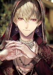 Rule 34 | 1boy, bead necklace, beads, blonde hair, blurry, blurry background, closed mouth, earrings, embroidery, eyelashes, fate/grand order, fate (series), fingernails, gem, gilgamesh (fate), glint, hair between eyes, highres, jewelry, light particles, long sleeves, looking at viewer, making-of available, male focus, necklace, own hands together, red eyes, ring, sakura hitsuji, slit pupils, smile, solo, upper body, veil
