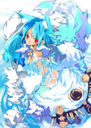 Rule 34 | 1girl, animal ears, blue hair, blue theme, blush, fox ears, fox tail, looking at viewer, looking back, original, red eyes, solo, tail, yoshiwo