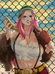 Rule 34 | 1girl, anti-eyebrow piercing, backlighting, bare shoulders, belt, boned meat, breasts, chain-link fence, cleavage, clenched teeth, collarbone, eating, evening, fence, food, frills, fur jacket, hands up, hat, highres, holding, holding food, huge breasts, jacket, jewelry bonney, lipstick, long hair, long sleeves, looking at viewer, makeup, mattsun (lyohei), meat, midriff, navel, off shoulder, one piece, outdoors, piercing, pink hair, pizza, pizza slice, purple eyes, solo, stomach, strapless, suspenders, teeth, tube top, unaligned breasts, upper body, v-shaped eyebrows