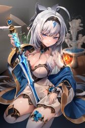 Rule 34 | 1girl, absurdres, ahoge, black bow, blue eyes, bow, breasts, character request, cleavage, copyright request, detached sleeves, dress, hair bow, highres, holding, holding sword, holding weapon, large breasts, long hair, mini person, minigirl, seiza, sitting, smile, solo, sword, sword between thighs, thighhighs, weapon, white dress, white hair, white thighhighs, zerocat