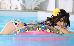 Rule 34 | asian, bikini, brown hair, flower, innertube, kipi-san, photo (medium), pool, smiley, sunglasses, swim ring, swimsuit, wet