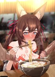 Rule 34 | 1girl, 2boys, absurdres, animal ears, bare shoulders, blue eyes, blush, breasts, brown hair, caleen keemosn, choker, chopsticks, cleavage, closed mouth, commission, cum, cum on food, cum string, detached sleeves, eating, ejaculation, food, fox ears, fox girl, fox tail, hair ribbon, heart, heart-shaped pupils, highres, huge breasts, long hair, looking at viewer, male masturbation, masturbation, multiple boys, multiple tails, noodles, penis, ramen, restaurant, ribbon, runes, signature, softshikioni, star ocean, star ocean anamnesis, steam, sweat, symbol-shaped pupils, table, tail, twintails, uncensored, very long hair