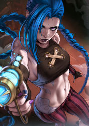 Rule 34 | 1girl, aiming, aiming at viewer, arcane: league of legends, arcane jinx, blue hair, blue nails, braid, dandon fuga, eyeshadow, fingerless gloves, gloves, gun, highres, jinx (league of legends), league of legends, looking at viewer, makeup, nail polish, navel, pants, purple eyes, purple nails, sleeveless, solo, stomach, striped clothes, striped pants, tattoo, toned, twin braids, weapon