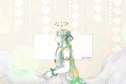 Rule 34 | 1girl, 4mdrmmm, absurdres, alternate hair color, arm tattoo, character name, closed eyes, closed mouth, dated, dress, from side, green hair, grey dress, hair ribbon, hatsune miku, highres, long dress, long hair, number tattoo, own hands together, profile, ribbon, shide, sleeveless, sleeveless dress, solo, tattoo, traditional media, twintails, very long hair, vocaloid, white dress