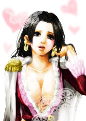 Rule 34 | 1girl, amazon lily, amazon warrior, bad id, bad pixiv id, black hair, blush, boa hancock, breasts, cape, cleavage, creepy, earrings, epaulettes, female focus, grey eyes, heart, jewelry, large breasts, layla (artist), layla (coco&amp;chic), one piece, solo