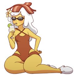 Rule 34 | 1girl, adventure time, bacon, bad id, bad tumblr id, breakfast princess, breasts, brown eyes, brown one-piece swimsuit, colored skin, drinking, drinking straw, flower, food, fruit, full body, hair flower, hair ornament, hand on own hip, lime (fruit), lime slice, mike inel, one-piece swimsuit, sitting, small breasts, solo, sunglasses, swimsuit, transparent background, white hair, yellow skin, yokozuwari