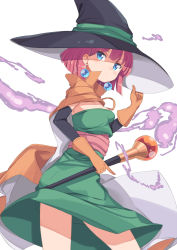 Rule 34 | 1girl, blue eyes, blush, bob cut, cape, cowboy shot, detached sleeves, dragon quest, dragon quest iii, dress, earrings, gamuo, gloves, green ribbon, hat, hat ribbon, holding, holding staff, holding weapon, jewelry, looking at viewer, mage (dq3), magic, pink hair, ribbon, sash, shade, short hair, simple background, solo, strapless, strapless dress, weapon, white background, witch hat