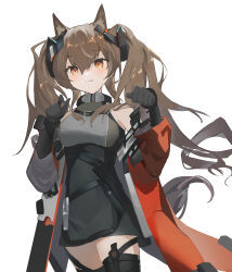 Rule 34 | 1girl, :3, absurdres, angelina (arknights), angelina (endfield) (arknights), animal ears, arknights, arknights: endfield, bare shoulders, belt, black belt, black dress, black gloves, blush, breasts, brown hair, coat, cowboy shot, diamond-shaped pupils, diamond (shape), dress, elbow gloves, fox ears, fox girl, gloves, headgear, high belt, highres, inx0, long hair, medium breasts, no nose, off shoulder, paw pose, red coat, sidelocks, simple background, solo, split mouth, symbol-shaped pupils, tongue, tongue out, twintails, white background