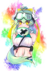 Rule 34 | 1girl, absurdres, ahoge, armlet, bow, closed mouth, crop top, dated, fate/grand order, fate (series), goggles, goggles on head, green hair, hair bow, heart, heart in eye, highres, kiyohime (fate), kiyohime (jurassic dream) (fate), long hair, looking at viewer, midriff, motimotimeshi, navel, official alternate costume, ponytail, rainbow background, signature, smile, solo, symbol in eye, twitter username, yellow bow, yellow eyes