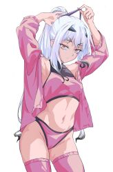 Rule 34 | 1girl, absurdres, armpits, arms up, artoria caster (counter stretch) (fate), artoria caster (fate), artoria caster (fate) (cosplay), artoria pendragon (fate), bare shoulders, breasts, cosplay, das (dan dan), fate/grand order, fate (series), forked eyebrows, gradient hair, grey hair, high ponytail, highres, jacket, long hair, long sleeves, looking at viewer, melusine (fate), multicolored hair, off shoulder, open clothes, open jacket, orange eyes, panties, pink jacket, pink panties, pink sports bra, pink theme, sidelocks, small breasts, solo, sports bra, thighs, tying hair, underwear, white hair