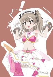 Rule 34 | !, 1girl, ^^^, alternate costume, arms up, bad id, bad pixiv id, belt, black ribbon, brown eyes, commentary, cuffs, disembodied hand, frilled hairband, frills, frown, garter straps, girls und panzer, gloves, hair ribbon, hairband, highres, idol, kumagapaniti, layered skirt, lifting another&#039;s clothes, light brown hair, long hair, looking at another, midriff, navel, one side up, open mouth, pink belt, pink shirt, restrained, ribbon, shackles, shimada arisu, shirt, skirt, sleeveless, sleeveless shirt, standing, tearing up, thighhighs, two-sided fabric, two-sided skirt, white gloves, white skirt, white thighhighs