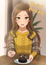 Rule 34 | 1girl, blush, brown hair, cable knit, cake, commentary request, food, fork, happy birthday, highres, holding, holding fork, idolmaster, idolmaster million live!, indoors, kitazawa shiho, long hair, long sleeves, looking at viewer, open mouth, plaid shawl, plate, rararakkoyade, shawl, smile, solo, sweater, table, upper body