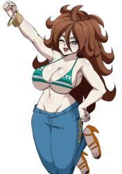 Rule 34 | 1girl, android 21, armpits, bikini, bikini top only, blue eyes, blush, bracelet, breasts, brown hair, cosplay, curvy, darwaarts, denim, dragon ball, female focus, full body, groin, highres, jeans, jewelry, large breasts, long hair, looking at viewer, midriff, nail polish, nami (one piece), nami (one piece) (cosplay), navel, nose, one eye closed, one piece, open mouth, pants, sandals, simple background, smile, solo, swimsuit, toenail polish, toenails, tsurime, white background, wink