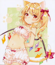 Rule 34 | 1girl, animal ear fluff, animal ears, arms behind back, bell, blonde hair, cat ears, cat tail, commentary request, crystal, drill hair, expressionless, flandre scarlet, frills, green background, hair between eyes, jingle bell, kemonomimi mode, medium hair, mimi (mimi puru), navel, red eyes, simple background, solo, strap slip, tail, touhou, wings