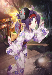 Rule 34 | 1girl, ahoge, alternate costume, blush, bow, closed mouth, commentary request, death gun, floral print, flower, gabiran, hair flower, hair ornament, hairband, hand fan, holding, holding fan, house, japanese clothes, kimono, large bow, long hair, long sleeves, looking at viewer, mask, mask on head, mole, mole under eye, outdoors, people, pointy ears, purple hair, red eyes, red hairband, smile, solo focus, sunflower, sword art online, tree, unworn mask, white kimono, wide sleeves, yellow bow, yuuki (sao)