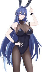 Rule 34 | 1girl, :3, akagi koku, animal ears, arm up, armband, azur lane, bare shoulders, black choker, black pantyhose, blue eyes, blue hair, blue leotard, breasts, choker, cleavage, collarbone, fake animal ears, feet out of frame, gluteal fold, hair between eyes, hair ornament, hand on own hip, hand up, highres, large breasts, leotard, long hair, looking at viewer, new jersey (azur lane), new jersey (exhilarating steps!) (azur lane), official alternate costume, pantyhose, playboy bunny, rabbit ears, see-through, see-through cleavage, simple background, solo, standing, very long hair, white background, wrist cuffs