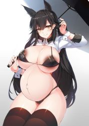 Rule 34 | 1girl, animal ears, areola slip, atago (azur lane), azur lane, bikini, black bikini, black hair, black thighhighs, blush, breastless clothes, breasts, cleavage, crossed bangs, curvy, dark areolae, gradient background, tucking hair, huge breasts, large areolae, long hair, looking at viewer, mole, mole under eye, navel, outie navel, pregnant, simple background, smile, snowball22, solo, swept bangs, swimsuit, thick thighs, thighhighs, thighs, third-party edit, umbrella, underboob, wide hips, wrist cuffs, yellow eyes