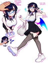 Rule 34 | 1girl, alternate costume, angry, artist name, bare shoulders, black choker, black hair, blue-framed eyewear, blush, blushyspicy, breasts, choker, earrings, fangs, glasses, headpat, highres, jewelry, large breasts, looking at viewer, mole, mole under eye, office workers (blushyspicy), original, pointy ears, semi-rimless eyewear, shirt, shoes, smile, thighhighs, vampire, vivian seong (blushyspicy), white shirt
