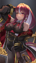 Rule 34 | 1girl, absurdres, ascot, black gloves, black jacket, black leotard, black pantyhose, blush, breasts, brooch, cleavage, coin, collar, commentary request, covered navel, earrings, gloves, gold coin, gold earrings, heart, heart earrings, heterochromia, highres, hololive, houshou marine, houshou marine (marching band), jacket, jewelry, kamoromance614, large breasts, leotard, leotard under clothes, long hair, looking at viewer, multicolored clothes, multicolored hair, multicolored jacket, navel, pantyhose, red ascot, red eyes, red hair, red jacket, see-through, see-through cleavage, single earring, smile, streaked hair, treasure, treasure chest, two-tone jacket, virtual youtuber, white collar, white hair, yellow eyes
