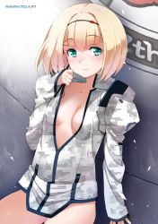 Rule 34 | 10s, 1girl, blonde hair, breasts, camouflage, cleavage, contrapposto, digital camouflage, green eyes, hair ornament, heavy object, highres, inue shinsuke, milinda brantini, naked shirt, scan, shirt, short hair, sleeves past wrists, small breasts, smile, solo, standing, sweat