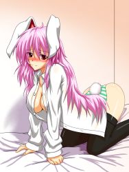 Rule 34 | 1girl, animal ears, bad id, bad pixiv id, black thighhighs, blush, breasts, female focus, highres, large breasts, long hair, panties, pink hair, rabbit ears, rabbit girl, rabbit tail, red eyes, reisen udongein inaba, solo, striped clothes, striped panties, tail, thighhighs, touhou, underwear, yoou (artist), youu (midgard)