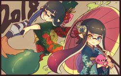 Rule 34 | 2018, 2girls, bad id, bad twitter id, black hair, black kimono, blue eyes, blue kimono, blunt bangs, closed mouth, commentary, conomi-c5, female focus, floral print, flower, gradient hair, green eyes, green hair, hair flower, hair ornament, hair up, heterochromia, highres, holding, holding umbrella, holding weapon, inkbrush (splatoon), inkling, inkling girl, inkling player character, japanese clothes, kimono, long hair, looking at viewer, looking back, mask, multicolored hair, multiple girls, nintendo, oil-paper umbrella, paint splatter, parted lips, pink hair, pointy ears, print kimono, smile, splatoon (series), squid, standing, stuffed animal, stuffed toy, tentacle hair, umbrella, weapon, wide sleeves, yellow eyes