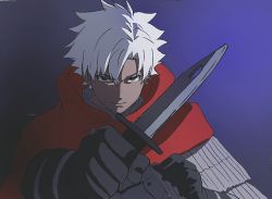 Rule 34 | 1boy, black gloves, brown eyes, cape, closed mouth, commentary request, dagger, dark-skinned male, dark skin, emiya kiritsugu, emiya kiritsugu (assassin), fate/grand order, fate (series), gloves, holding, holding weapon, knife, looking at viewer, male focus, mi (pic52pic), purple background, solo, upper body, weapon, white hair