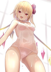Rule 34 | 1girl, alternate costume, amisu, backlighting, blonde hair, blurry, breasts, contrapposto, cowboy shot, depth of field, flandre scarlet, hair between eyes, hair ribbon, head tilt, highres, long hair, looking at viewer, medium breasts, one-hour drawing challenge, one-piece swimsuit, open mouth, parted bangs, red eyes, red ribbon, ribbon, school swimsuit, see-through, simple background, smile, solo, standing, swimsuit, thighs, touhou, wet, white background, white one-piece swimsuit, wings