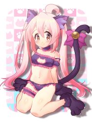 Rule 34 | 1girl, ahoge, animal ear fluff, animal ears, animal hands, arm garter, bare arms, bare legs, bell, black bra, black choker, black panties, blush, bow, bow panties, bra, breasts, bridal garter, brown eyes, cat cutout, cat ears, cat lingerie, cat tail, choker, claws, cleavage cutout, clothing cutout, commentary, frilled bra, frilled choker, frilled garter, frilled panties, frills, full body, genderswap, genderswap (mtf), gloves, hair between eyes, highres, jingle bell, long hair, looking at viewer, meme attire, navel, nemu0701, onii-chan wa oshimai!, oyama mahiro, panties, paw gloves, paw shoes, pink bow, pink hair, sitting, small breasts, smile, solo, strap slip, tail, tail bell, tail bow, tail ornament, twintails, underwear, very long hair, wariza