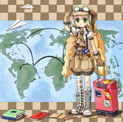 Rule 34 | 1girl, arrow (symbol), blonde hair, book, boots, dotted line, flat chest, gloves, goggles, green eyes, map, original, paper airplane, rolling suitcase, salute, shimjy, single thighhigh, solo, striped clothes, striped thighhighs, suitcase, thighhighs