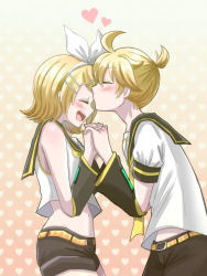 Rule 34 | 1boy, 1girl, absurdres, blonde hair, blouse, blush, brother and sister, closed eyes, commentary, from side, gradient background, hair ornament, hairclip, heart, highres, holding hands, kagamine len, kagamine rin, kiss, kissing forehead, neckerchief, necktie, ribbon, sailor collar, shirt, short hair, short shorts, shorts, siblings, sleeveless, sleeveless shirt, smile, swept bangs, twins, twintails, vocaloid, white shirt, yellow neckerchief, yuyu hirase
