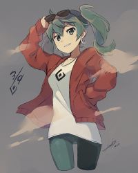 Rule 34 | 1girl, absurdly long hair, aqua eyes, aqua hair, artist name, artist request, blue eyes, blue hair, blue pants, collarbone, denim, dust, earrings, unworn eyewear, female focus, floating hair, green eyes, green hair, grey shirt, hair ribbon, hatsune miku, highres, ivi-x, jacket, jeans, jewelry, long hair, long sleeves, looking at viewer, midriff, navel, necklace, open clothes, open jacket, pants, parted lips, red-framed eyewear, red jacket, red ribbon, ribbon, shirt, smile, solo, suna no wakusei (vocaloid), sunglasses, translated, translation request, twintails, very long hair, vocaloid, white shirt, zipper