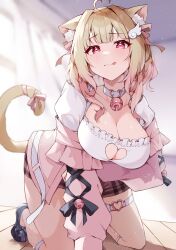 Rule 34 | 1girl, :q, absurdres, ahoge, all fours, animal collar, animal ear fluff, animal ears, arm support, arm under breasts, blonde hair, blunt bangs, blush, breast hold, breasts, brown skirt, cat ears, cat girl, cat tail, center-flap bangs, cleavage, cleavage cutout, closed mouth, clothing cutout, collar, commission, cross-laced clothes, cross-laced sleeves, double-parted bangs, fishnet socks, fishnets, frilled shirt, frills, gradient hair, hair ornament request, hanging breasts, heart, heart-shaped pupils, heart ahoge, heart cutout, highres, indoors, jacket, kemomimi refle!, kneehighs, kneeling, large breasts, light brown hair, long hair, looking at viewer, misoni (mi so ni t), multicolored hair, nekoma karin, o-ring, o-ring thigh strap, pink hair, pink jacket, pleated skirt, red eyes, ribbon, sagging breasts, shirt, skeb commission, skirt, smile, socks, solo, sweater, symbol-shaped pupils, tail, tail ornament, tail ribbon, thigh strap, tongue, tongue out, virtual youtuber, white socks, white sweater, wing collar, wing hair ornament