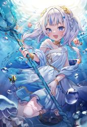 Rule 34 | 1girl, absurdres, blue eyes, blue hair, blush, fins, fish tail, gawr gura, gawr gura (party dress), hair ornament, highres, hololive, hololive english, looking at viewer, multicolored hair, open mouth, polearm, pongu, shark tail, sharp teeth, silver hair, smile, solo, streaked hair, tail, teeth, trident, underwater, virtual youtuber, weapon
