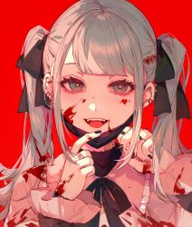 Rule 34 | 1girl, :d, absurdres, bandaid, bandaid on neck, black mask, black nails, black ribbon, blood, blood on clothes, blood on face, blood on hands, blue eyes, blue hair, commentary request, ear piercing, eyelashes, facial mark, fangs, fingernails, hair ribbon, hands up, hatsune miku, heart, heart facial mark, highres, jewelry, long sleeves, looking at viewer, mask, mask pull, mouth mask, nail polish, neck ribbon, open mouth, piercing, pink shirt, portrait, red background, ribbon, ring, shirt, smile, solo, teeth, tongue, twintails, upper teeth only, vampire (vocaloid), vocaloid, yan ge