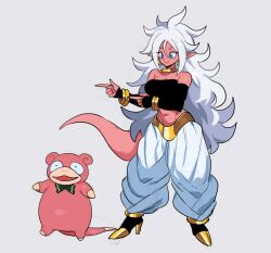 Rule 34 | 1girl, 1other, android 21, baggy pants, black nails, blue eyes, bow, bowtie, breasts, color connection, colored skin, creatures (company), crossover, dragon ball, dragon ball fighterz, earrings, fangs, game freak, gen 1 pokemon, gold earrings, holding, hoop earrings, jewelry, large breasts, long hair, looking at another, majin android 21, nanika (nnkgh), nintendo, pain, pants, pink skin, pokemon, simple background, slowpoke, smile, standing, tail, very long hair, white hair