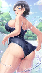 Rule 34 | 1girl, ass, bare arms, bare shoulders, black hair, blue eyes, blue one-piece swimsuit, blush, breasts, competition swimsuit, from behind, hair ornament, hairclip, highres, kawase seiki, kirigaya suguha, large breasts, looking at viewer, looking back, one-piece swimsuit, open mouth, outdoors, school swimsuit, short hair, solo, swimsuit, sword art online, thighs, water, wet