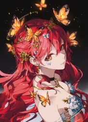 Rule 34 | 1girl, artist name, bare shoulders, black choker, brown eyes, bug, butterfly, butterfly hair ornament, butterfly on head, butterfly on shoulder, choker, closed mouth, commentary request, dress, earrings, flower, golden rose, hair ornament, highres, himeko (honkai: star rail), honkai: star rail, honkai (series), insect, jewelry, long hair, looking at viewer, necklace, off-shoulder dress, off shoulder, orange butterfly, red hair, rose, sparkle, upper body, white butterfly, white dress, white flower, white rose, yeurei