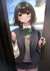 Rule 34 | 1girl, bad id, bad pixiv id, bag, black hair, black jacket, black skirt, blazer, blush, bow, brown eyes, brown sweater, closed mouth, collared shirt, commentary request, dress shirt, green bow, hands up, highres, holding, holding bag, jacket, long sleeves, looking at viewer, minami saki, open clothes, open door, open jacket, original, pleated skirt, railing, school uniform, shirt, skirt, sleeves past wrists, smile, solo, sweater, v-shaped eyebrows, white shirt