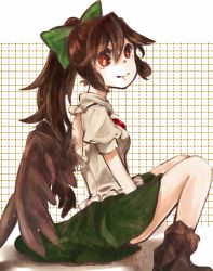 Rule 34 | 1girl, alternate hairstyle, ankle boots, backless outfit, bare legs, black wings, boots, brown footwear, brown hair, dress shirt, from side, green skirt, hair between eyes, high ponytail, highres, long hair, puffy short sleeves, puffy sleeves, red eyes, reiuji utsuho, rikapo, shirt, short sleeves, simple background, sitting, skirt, smile, solo, touhou, wings