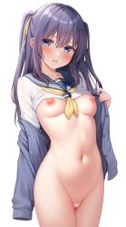 Rule 34 | 1girl, blue cardigan, blue eyes, blue sailor collar, blush, breasts, cardigan, clothes lift, hair between eyes, hair ribbon, karutamo, long hair, looking at viewer, medium breasts, navel, neckerchief, nipples, open cardigan, open clothes, original, purple hair, pussy, rakugaki-chan, ribbon, sailor collar, shirt, shirt lift, simple background, solo, stomach, two side up, upper body, white background, white shirt, yellow neckerchief, yellow ribbon